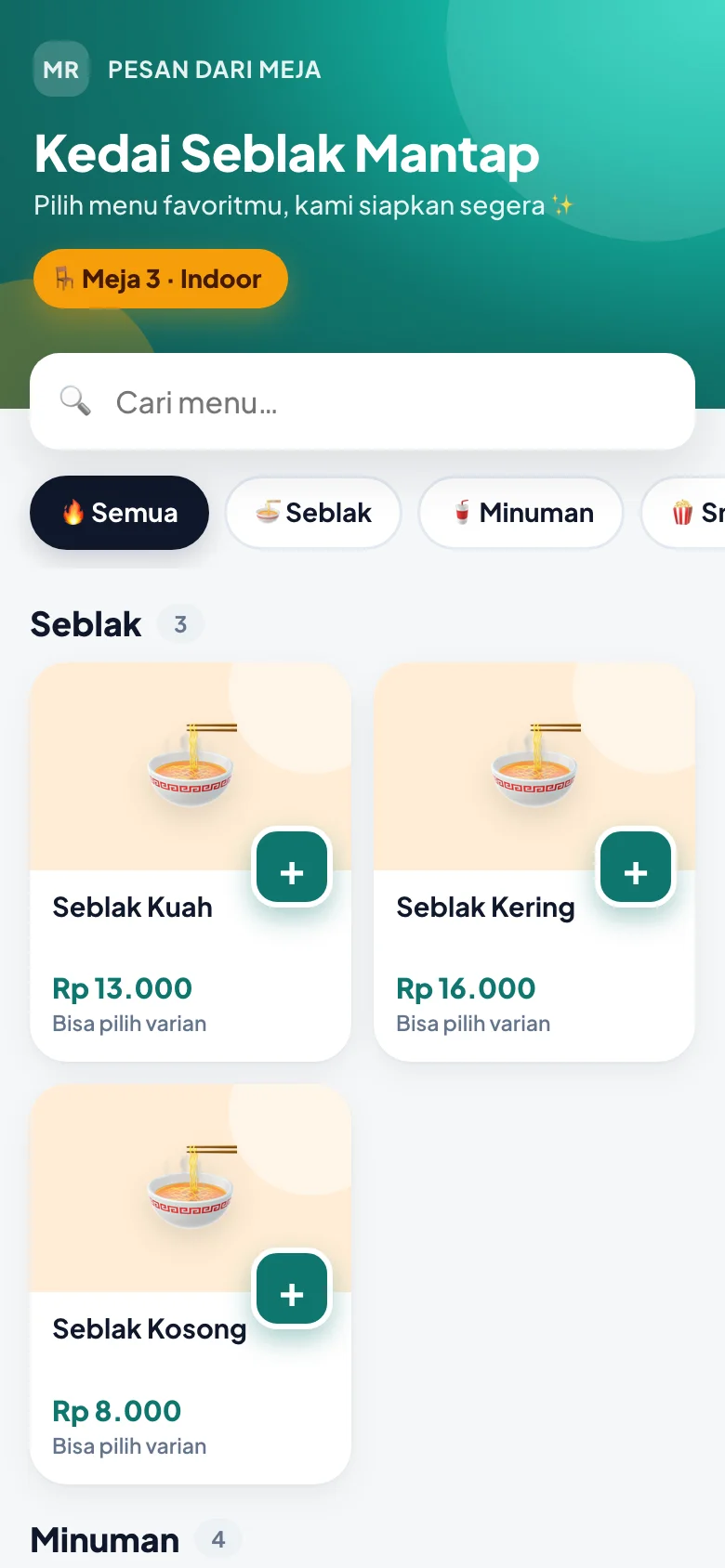 Menu pesan QR di HP pelanggan